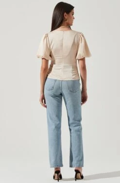 Deep V Balloon Sleeve Top 16 Deep V Balloon Sleeve Top -Dress Sales Store AT16293 CHAMPAGNE 3