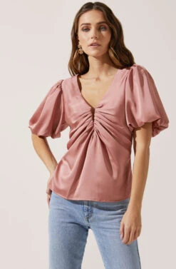 Deep V Balloon Sleeve Top 22 Deep V Balloon Sleeve Top -Dress Sales Store AT16293 DARKBLUSH 2