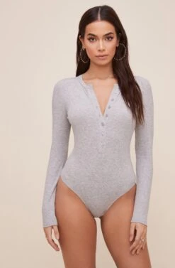 Halliwell Ribbed Henley Bodysuit 26 Halliwell Ribbed Henley Bodysuit -Dress Sales Store AT16629 HEATHERGREY 7