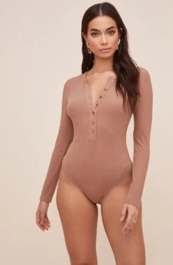 Halliwell Ribbed Henley Bodysuit 39 Halliwell Ribbed Henley Bodysuit -Dress Sales Store AT16629 TAUPE 7