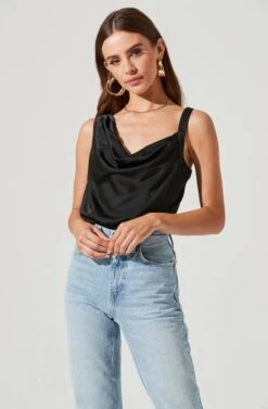 Cowl Neck Asymmetrical Strap Bodysuit 25 Cowl Neck Asymmetrical Strap Bodysuit -Dress Sales Store AT16767 BLACK 1960