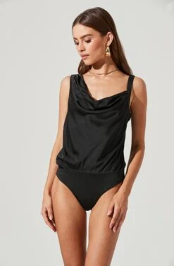 Cowl Neck Asymmetrical Strap Bodysuit 27 Cowl Neck Asymmetrical Strap Bodysuit -Dress Sales Store AT16767 BLACK 1972