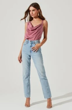 Cowl Neck Asymmetrical Strap Bodysuit 38 Cowl Neck Asymmetrical Strap Bodysuit -Dress Sales Store AT16767 PINK 1879