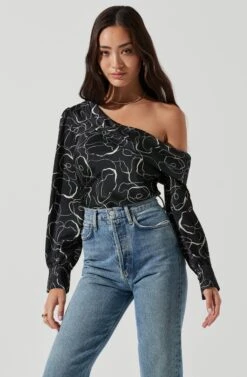 Asymmetrical Abstract Print One Shoulder Long Sleeve Top