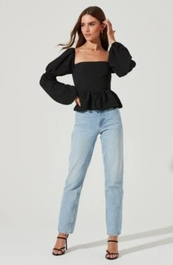 Cinched Long Sleeve Square Neck Top 20 Cinched Long Sleeve Square Neck Top -Dress Sales Store AT17101 BLACK 1980