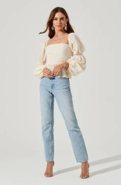 Cinched Long Sleeve Square Neck Top 26 Cinched Long Sleeve Square Neck Top -Dress Sales Store AT17101 CREAM 1696