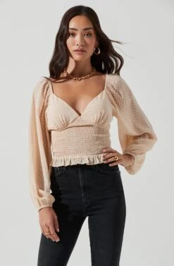 Long Sleeve Smocked Top 26 Long Sleeve Smocked Top -Dress Sales Store AT17109 CREAM 0924