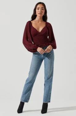 Long Sleeve Smocked Top 33 Long Sleeve Smocked Top -Dress Sales Store AT17109 WINE 1149