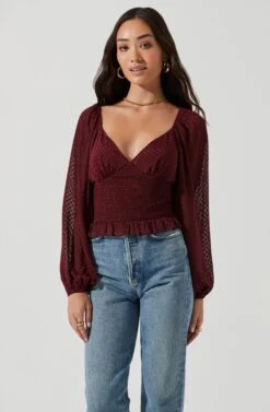 Long Sleeve Smocked Top 32 Long Sleeve Smocked Top -Dress Sales Store AT17109 WINE 1156