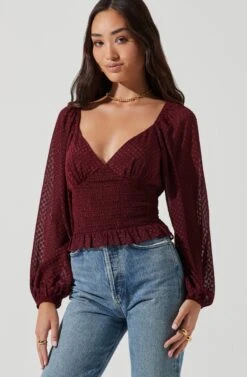 Long Sleeve Smocked Top 36 Long Sleeve Smocked Top -Dress Sales Store AT17109 WINE 1159