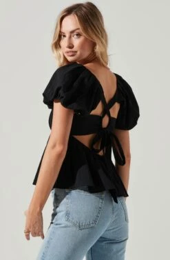 Pleated Back Cutout Bubble Sleeve Top 29 Pleated Back Cutout Bubble Sleeve Top -Dress Sales Store AT17233 BLACK 1798