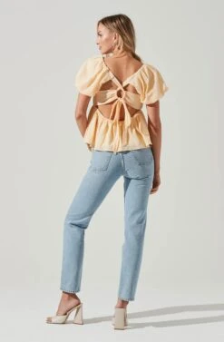 Pleated Back Cutout Bubble Sleeve Top 26 Pleated Back Cutout Bubble Sleeve Top -Dress Sales Store AT17233 YELLOW 1425