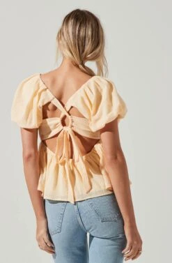 Pleated Back Cutout Bubble Sleeve Top 23 Pleated Back Cutout Bubble Sleeve Top -Dress Sales Store AT17233 YELLOW 1428