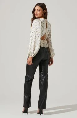 Floral Long Sleeve Tie Back Ruffle Bust Top -Dress Sales Store AT17643 CREAMPERIWINKLEDIT 4