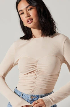 Center Ruched Long Sleeve Top -Dress Sales Store AT17923 CREAM 3