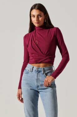 Asymmetrical Pleated Cutout Mock Neck Top 21 Asymmetrical Pleated Cutout Mock Neck Top -Dress Sales Store AT17934 BERRY 3