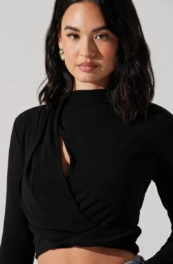 Asymmetrical Pleated Cutout Mock Neck Top 32 Asymmetrical Pleated Cutout Mock Neck Top -Dress Sales Store AT17934 BLACK 3