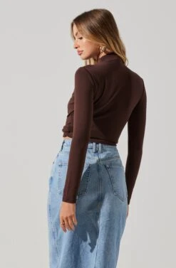 Asymmetrical Pleated Cutout Mock Neck Top 29 Asymmetrical Pleated Cutout Mock Neck Top -Dress Sales Store AT17934 ESPRESSO 2