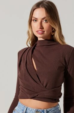 Asymmetrical Pleated Cutout Mock Neck Top 26 Asymmetrical Pleated Cutout Mock Neck Top -Dress Sales Store AT17934 ESPRESSO 6